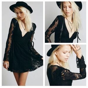 Free People Black Lace Bell Sleeve Mini Dress Size 2
